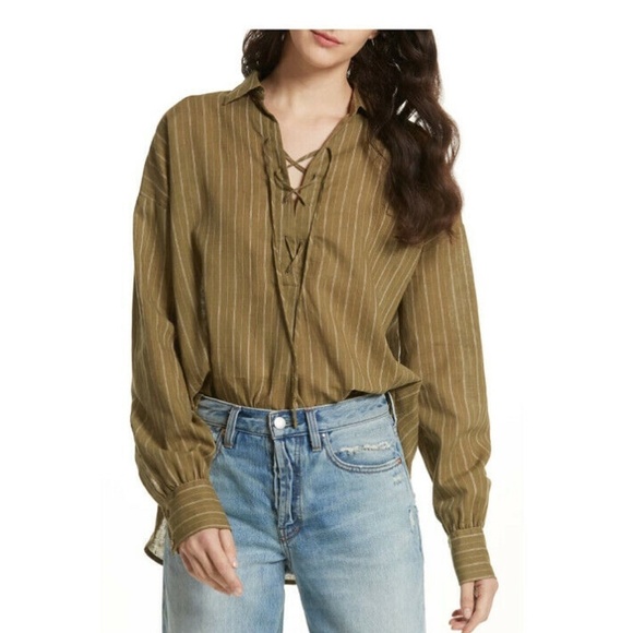 Free People | Boardwalk Lace Popover Linen Top Womens M Green Long Sleeves - Picture 2 of 11